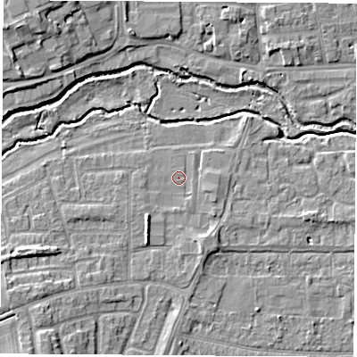 Shaded relief map of the ground around OX145HX, computed from Environment Agency LiDAR. The ground here sits at about 52 m above sea level and falls 9 m across the surrounding 800 m. Surface water reaching this point runs off ground lying to the south-west, 2.2 m higher.