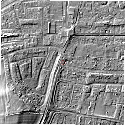 Shaded relief map of the ground around OX145HY, computed from Environment Agency LiDAR. The ground here sits at about 53 m above sea level and falls 14 m across the surrounding 800 m. Surface water reaching this point runs off ground lying to the south-west, 12.1 m higher.