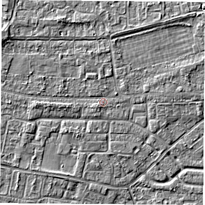 Shaded relief map of the ground around OX145JB, computed from Environment Agency LiDAR. The ground here sits at about 52 m above sea level and falls 4 m across the surrounding 800 m. Surface water reaching this point runs off ground lying to the west-north-west, 2.5 m higher.