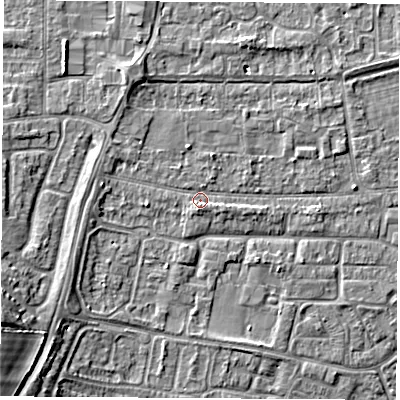Shaded relief map of the ground around OX145JD, computed from Environment Agency LiDAR. The ground here sits at about 52 m above sea level and falls 10 m across the surrounding 800 m. Surface water reaching this point runs off ground lying to the south, 1.2 m higher.
