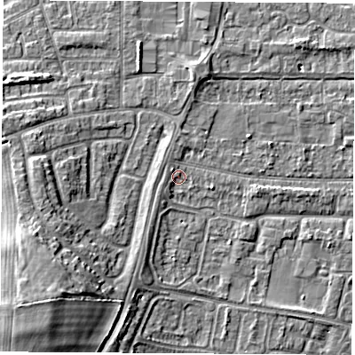 Shaded relief map of the ground around OX145JE, computed from Environment Agency LiDAR. The ground here sits at about 53 m above sea level and falls 14 m across the surrounding 800 m. Surface water reaching this point runs off ground lying to the south-west, 13.0 m higher.