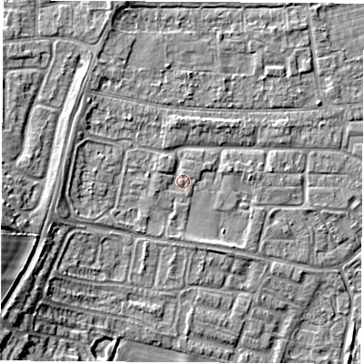 Shaded relief map of the ground around OX145JJ, computed from Environment Agency LiDAR. The ground here sits at about 52 m above sea level and falls 10 m across the surrounding 800 m. Surface water reaching this point runs off ground lying to the west-north-west, 0.9 m higher.