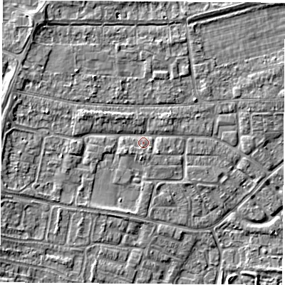 Shaded relief map of the ground around OX145JN, computed from Environment Agency LiDAR. The ground here sits at about 52 m above sea level and falls 4 m across the surrounding 800 m. Surface water reaching this point runs off ground lying to the west, 2.2 m higher.