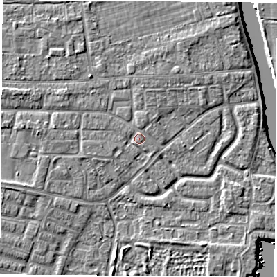 Shaded relief map of the ground around OX145JR, computed from Environment Agency LiDAR. The ground here sits at about 52 m above sea level and falls 5 m across the surrounding 800 m. Surface water reaching this point runs off ground lying to the west-north-west, 1.9 m higher.