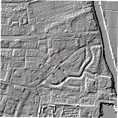 Shaded relief map of the ground around OX145JS, computed from Environment Agency LiDAR. The ground here sits at about 52 m above sea level and falls 5 m across the surrounding 800 m. Surface water reaching this point runs off ground lying to the north-north-west, 0.8 m higher.