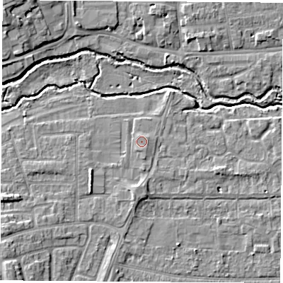 Shaded relief map of the ground around OX145JU, computed from Environment Agency LiDAR. The ground here sits at about 53 m above sea level and falls 8 m across the surrounding 800 m. Surface water reaching this point runs off ground lying to the east, 0.7 m higher.