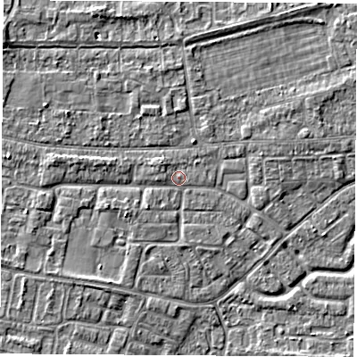 Shaded relief map of the ground around OX145JW, computed from Environment Agency LiDAR. The ground here sits at about 52 m above sea level and falls 4 m across the surrounding 800 m. Surface water reaching this point runs off ground lying to the west, 1.9 m higher.