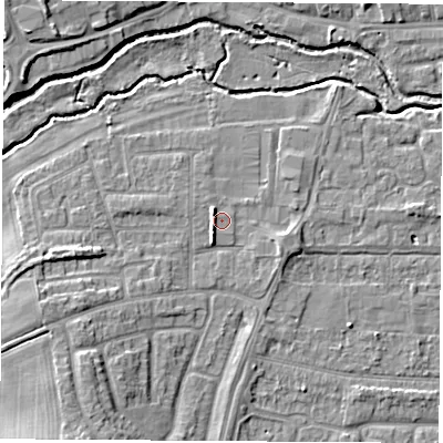 Shaded relief map of the ground around OX145JX, computed from Environment Agency LiDAR. The ground here sits at about 53 m above sea level and falls 9 m across the surrounding 800 m. Surface water reaching this point runs off ground lying to the south-west, 6.4 m higher.