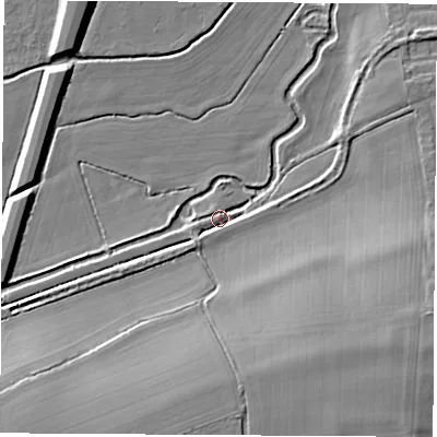 Shaded relief map of the ground around OX145JZ, computed from Environment Agency LiDAR. The ground here sits at about 54 m above sea level and falls 14 m across the surrounding 800 m. Surface water reaching this point runs off ground lying to the south-west, 4.0 m higher.