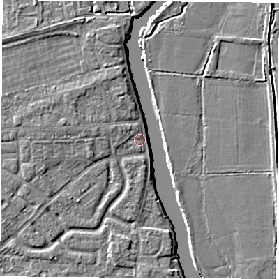 Shaded relief map of the ground around OX145LA, computed from Environment Agency LiDAR. The ground here sits at about 51 m above sea level and falls 5 m across the surrounding 800 m. Surface water reaching this point runs off ground lying to the west-north-west, 1.8 m higher.
