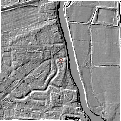 Shaded relief map of the ground around OX145LB, computed from Environment Agency LiDAR. The ground here sits at about 51 m above sea level and falls 5 m across the surrounding 800 m. Surface water reaching this point runs off ground lying to the north-north-west, 1.3 m higher.