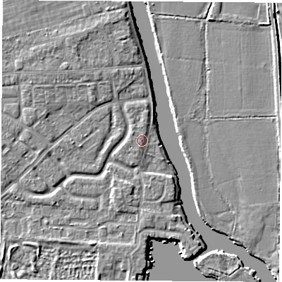 Shaded relief map of the ground around OX145LD, computed from Environment Agency LiDAR. The ground here sits at about 51 m above sea level and falls 5 m across the surrounding 800 m. Surface water reaching this point runs off ground lying to the north-west, 0.8 m higher.