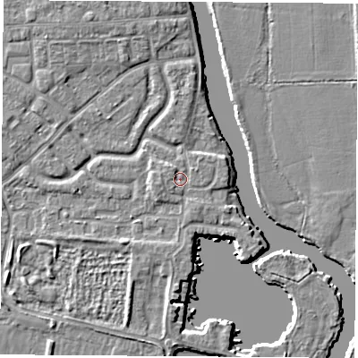 Shaded relief map of the ground around OX145LE, computed from Environment Agency LiDAR. The ground here sits at about 51 m above sea level and falls 5 m across the surrounding 800 m. Surface water reaching this point runs off ground lying to the west-north-west, 1.3 m higher.