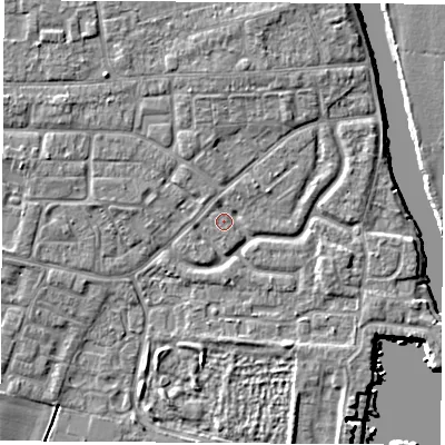 Shaded relief map of the ground around OX145LN, computed from Environment Agency LiDAR. The ground here sits at about 51 m above sea level and falls 5 m across the surrounding 800 m. Surface water reaching this point runs off ground lying to the north, 1.1 m higher.