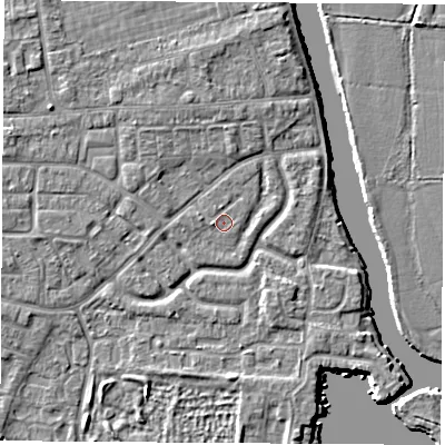 Shaded relief map of the ground around OX145LU, computed from Environment Agency LiDAR. The ground here sits at about 51 m above sea level and falls 5 m across the surrounding 800 m. Surface water reaching this point runs off ground lying to the west, 0.8 m higher.