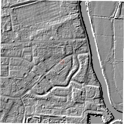 Shaded relief map of the ground around OX145LX, computed from Environment Agency LiDAR. The ground here sits at about 51 m above sea level and falls 5 m across the surrounding 800 m. Surface water reaching this point runs off ground lying to the north-west, 1.5 m higher.
