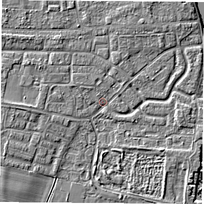 Shaded relief map of the ground around OX145LY, computed from Environment Agency LiDAR. The ground here sits at about 51 m above sea level and falls 5 m across the surrounding 800 m. Surface water reaching this point runs off ground lying to the north-north-west, 2.5 m higher.