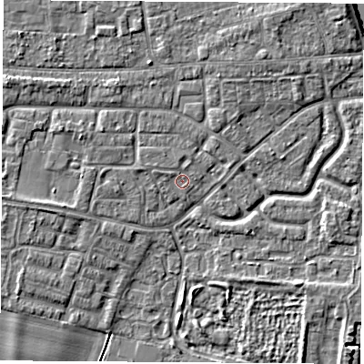 Shaded relief map of the ground around OX145LZ, computed from Environment Agency LiDAR. The ground here sits at about 52 m above sea level and falls 5 m across the surrounding 800 m. Surface water reaching this point runs off ground lying to the west-north-west, 0.9 m higher.