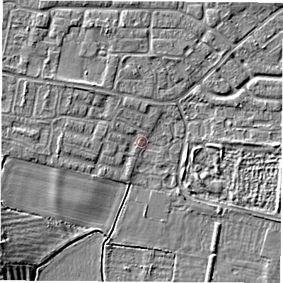 Shaded relief map of the ground around OX145NB, computed from Environment Agency LiDAR. The ground here sits at about 51 m above sea level and falls 7 m across the surrounding 800 m. Surface water reaching this point runs off ground lying to the north-north-west, 1.3 m higher.