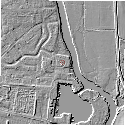 Shaded relief map of the ground around OX145NP, computed from Environment Agency LiDAR. The ground here sits at about 51 m above sea level and falls 5 m across the surrounding 800 m. Surface water reaching this point runs off ground lying to the west-north-west, 0.6 m higher.