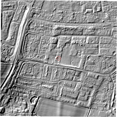 Shaded relief map of the ground around OX145NR, computed from Environment Agency LiDAR. The ground here sits at about 52 m above sea level and falls 10 m across the surrounding 800 m. Surface water reaching this point runs off ground lying to the north-east, 1.3 m higher.