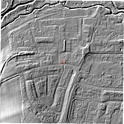 Shaded relief map of the ground around OX145NS, computed from Environment Agency LiDAR. The ground here sits at about 53 m above sea level and falls 13 m across the surrounding 800 m. Surface water reaching this point runs off ground lying to the south-south-west, 10.4 m higher.