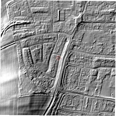 Shaded relief map of the ground around OX145NT, computed from Environment Agency LiDAR. The ground here sits at about 53 m above sea level and falls 14 m across the surrounding 800 m. Surface water reaching this point runs off ground lying to the south-west, 11.9 m higher.
