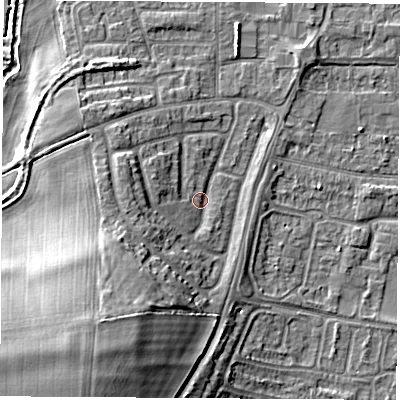 Shaded relief map of the ground around OX145NX, computed from Environment Agency LiDAR. The ground here sits at about 54 m above sea level and falls 14 m across the surrounding 800 m. Surface water reaching this point runs off ground lying to the west-south-west, 4.7 m higher.