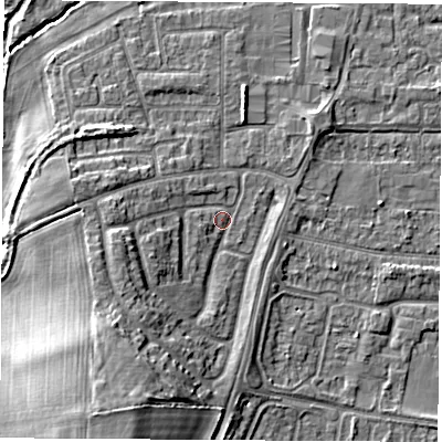 Shaded relief map of the ground around OX145NY, computed from Environment Agency LiDAR. The ground here sits at about 53 m above sea level and falls 14 m across the surrounding 800 m. Surface water reaching this point runs off ground lying to the south-south-west, 12.5 m higher.