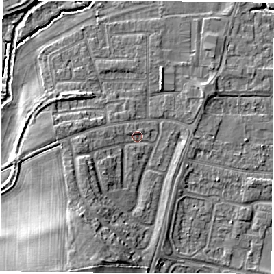 Shaded relief map of the ground around OX145PE, computed from Environment Agency LiDAR. The ground here sits at about 53 m above sea level and falls 14 m across the surrounding 800 m. Surface water reaching this point runs off ground lying to the south-west, 7.2 m higher.