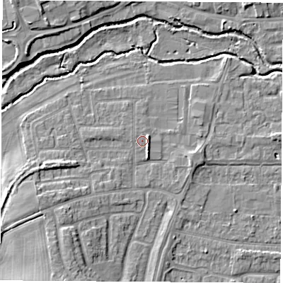 Shaded relief map of the ground around OX145PN, computed from Environment Agency LiDAR. The ground here sits at about 53 m above sea level and falls 8 m across the surrounding 800 m. The ground contributing surface water to this point lies to the north-west.