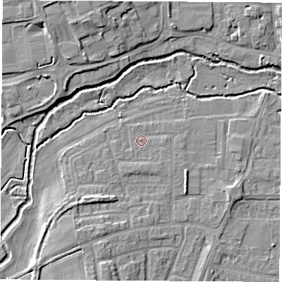 Shaded relief map of the ground around OX145PP, computed from Environment Agency LiDAR. The ground here sits at about 53 m above sea level and falls 9 m across the surrounding 800 m. Surface water reaching this point runs off ground lying to the south-south-east, 1.1 m higher.