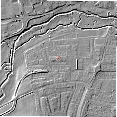 Shaded relief map of the ground around OX145PR, computed from Environment Agency LiDAR. The ground here sits at about 53 m above sea level and falls 8 m across the surrounding 800 m. Surface water reaching this point runs off ground lying to the south-west, 4.5 m higher.