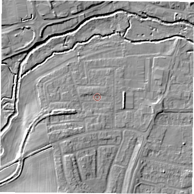 Shaded relief map of the ground around OX145PS, computed from Environment Agency LiDAR. The ground here sits at about 52 m above sea level and falls 8 m across the surrounding 800 m. Surface water reaching this point runs off ground lying to the south-west, 4.4 m higher.