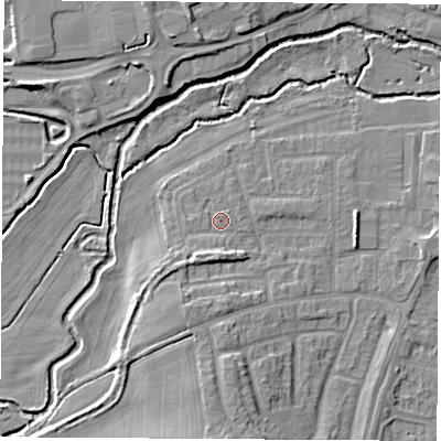 Shaded relief map of the ground around OX145PU, computed from Environment Agency LiDAR. The ground here sits at about 53 m above sea level and falls 8 m across the surrounding 800 m. Surface water reaching this point runs off ground lying to the south-south-west, 2.9 m higher.