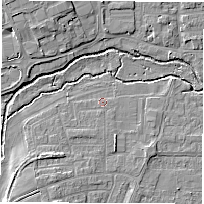 Shaded relief map of the ground around OX145PW, computed from Environment Agency LiDAR. The ground here sits at about 53 m above sea level and falls 9 m across the surrounding 800 m. Surface water reaching this point runs off ground lying to the south-east, 0.6 m higher.