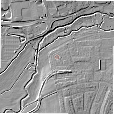 Shaded relief map of the ground around OX145PX, computed from Environment Agency LiDAR. The ground here sits at about 53 m above sea level and falls 8 m across the surrounding 800 m. Surface water reaching this point runs off ground lying to the south, 3.1 m higher.