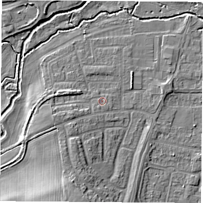 Shaded relief map of the ground around OX145PZ, computed from Environment Agency LiDAR. The ground here sits at about 53 m above sea level and falls 12 m across the surrounding 800 m. Surface water reaching this point runs off ground lying to the west-south-west, 3.9 m higher.