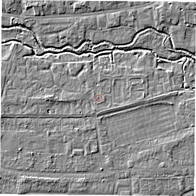 Shaded relief map of the ground around OX145RA, computed from Environment Agency LiDAR. The ground here sits at about 52 m above sea level and falls 5 m across the surrounding 800 m. Surface water reaching this point runs off ground lying to the west, 2.0 m higher.