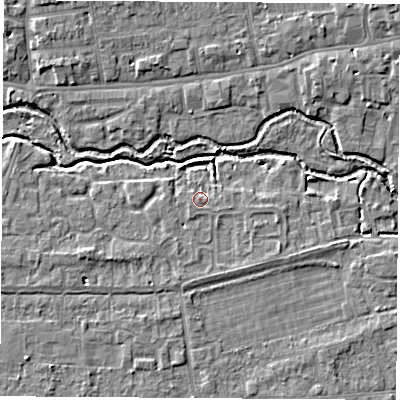 Shaded relief map of the ground around OX145RB, computed from Environment Agency LiDAR. The ground here sits at about 52 m above sea level and falls 5 m across the surrounding 800 m. Surface water reaching this point runs off ground lying to the south-west, 0.9 m higher.