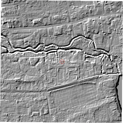 Shaded relief map of the ground around OX145RD, computed from Environment Agency LiDAR. The ground here sits at about 52 m above sea level and falls 6 m across the surrounding 800 m. Surface water reaching this point runs off ground lying to the west-south-west, 2.2 m higher.