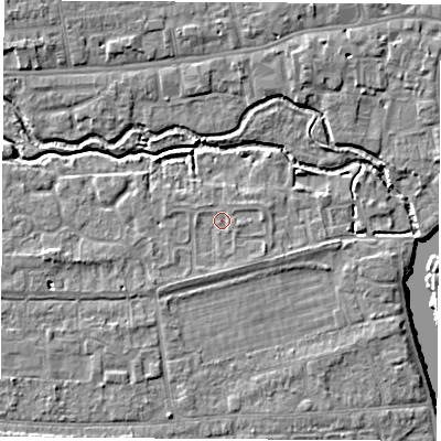 Shaded relief map of the ground around OX145RE, computed from Environment Agency LiDAR. The ground here sits at about 52 m above sea level and falls 6 m across the surrounding 800 m. Surface water reaching this point runs off ground lying to the west, 2.0 m higher.