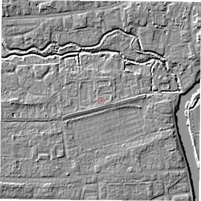 Shaded relief map of the ground around OX145RF, computed from Environment Agency LiDAR. The ground here sits at about 52 m above sea level and falls 7 m across the surrounding 800 m. Surface water reaching this point runs off ground lying to the east, 0.9 m higher.