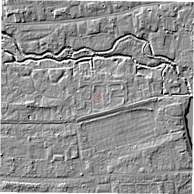 Shaded relief map of the ground around OX145RG, computed from Environment Agency LiDAR. The ground here sits at about 52 m above sea level and falls 6 m across the surrounding 800 m. Surface water reaching this point runs off ground lying to the west, 2.0 m higher.