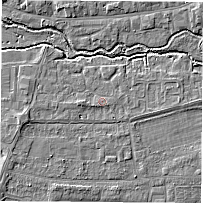 Shaded relief map of the ground around OX145RN, computed from Environment Agency LiDAR. The ground here sits at about 53 m above sea level and falls 5 m across the surrounding 800 m. Surface water reaching this point runs off ground lying to the west, 2.0 m higher.
