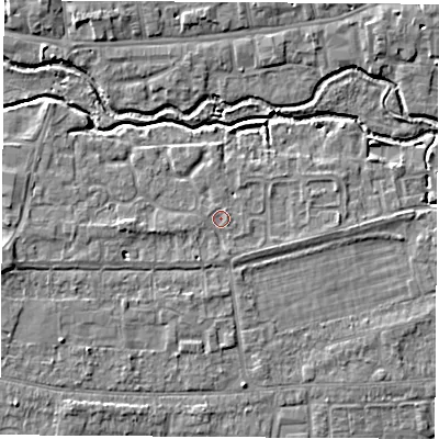 Shaded relief map of the ground around OX145RP, computed from Environment Agency LiDAR. The ground here sits at about 52 m above sea level and falls 5 m across the surrounding 800 m. Surface water reaching this point runs off ground lying to the west, 2.0 m higher.