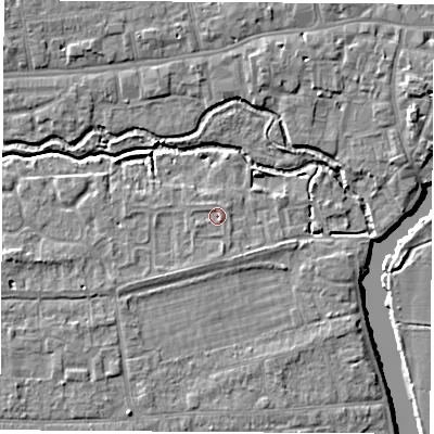Shaded relief map of the ground around OX145RQ, computed from Environment Agency LiDAR. The ground here sits at about 52 m above sea level and falls 7 m across the surrounding 800 m. Surface water reaching this point runs off ground lying to the south, 1.0 m higher.