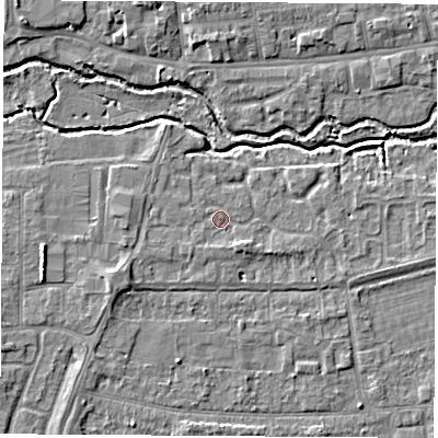 Shaded relief map of the ground around OX145RR, computed from Environment Agency LiDAR. The ground here sits at about 52 m above sea level and falls 5 m across the surrounding 800 m. Surface water reaching this point runs off ground lying to the south-east, 1.6 m higher.