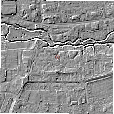 Shaded relief map of the ground around OX145RW, computed from Environment Agency LiDAR. The ground here sits at about 52 m above sea level and falls 6 m across the surrounding 800 m. Surface water reaching this point runs off ground lying to the south, 1.9 m higher.