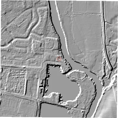 Shaded relief map of the ground around OX145RX, computed from Environment Agency LiDAR. The ground here sits at about 51 m above sea level and falls 6 m across the surrounding 800 m. Surface water reaching this point runs off ground lying to the west, 0.9 m higher.
